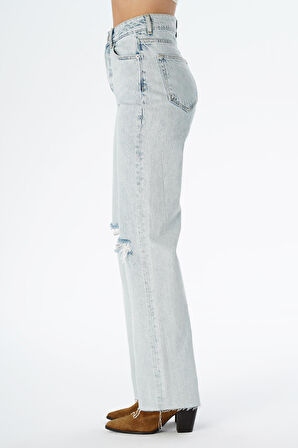 Weslie Açık Mavi Yüksek Bel Yıpratmalı Düğmeli Wideleg Fit Jean Pantolon C 4530-064
