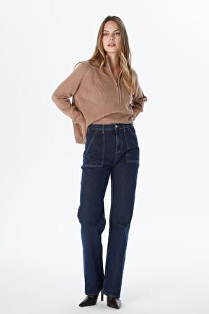 Diana Koyu Mavi Aplike Cep Detaylı Yüksek Bel Dad Straight Fit Fermuarlı Jean Pantolon C 4517-063