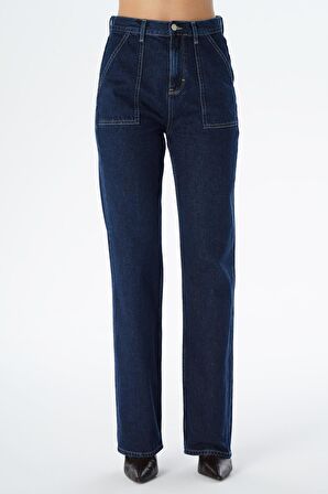 Diana Koyu Mavi Aplike Cep Detaylı Yüksek Bel Dad Straight Fit Fermuarlı Jean Pantolon C 4517-063