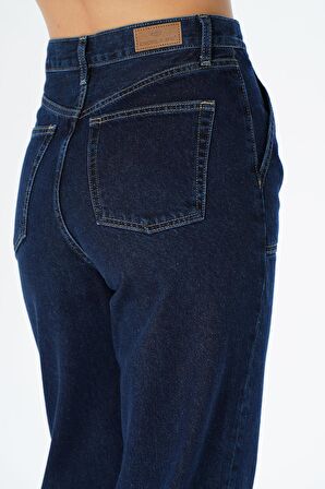 Diana Koyu Mavi Aplike Cep Detaylı Yüksek Bel Dad Straight Fit Fermuarlı Jean Pantolon C 4517-063