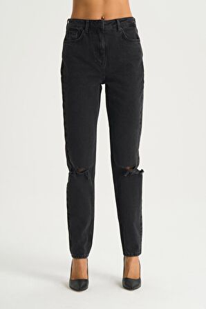 Ariana Antrasit Mom Fit Yüksek Bel Fermuarlı Dizi Kesikli Jean Pantolon C 4525-102