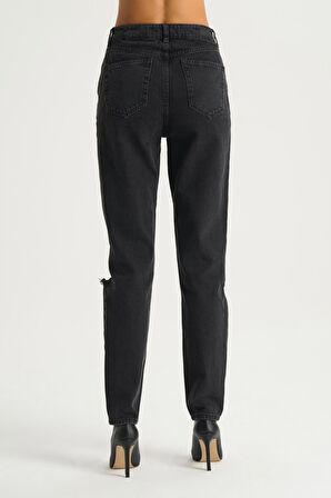 Ariana Antrasit Mom Fit Yüksek Bel Fermuarlı Dizi Kesikli Jean Pantolon C 4525-102