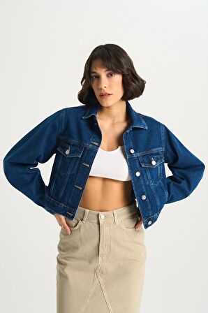 Kadın Koyu Mavi Cropped Jean Ceket C 4538-127