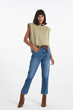 Eliza Cropped Orta Mavi  Yüksek Bel Straight Fit Düğmeli Jean Pantolon C 4518-053