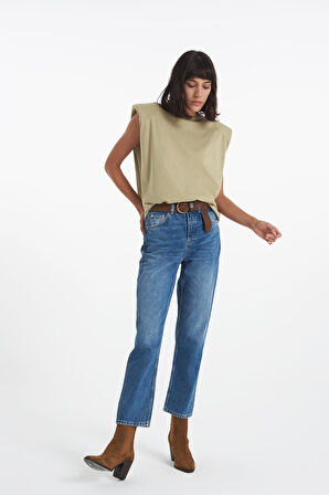 Eliza Cropped Orta Mavi  Yüksek Bel Straight Fit Düğmeli Jean Pantolon C 4518-053