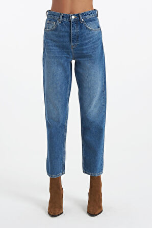 Eliza Cropped Orta Mavi  Yüksek Bel Straight Fit Düğmeli Jean Pantolon C 4518-053