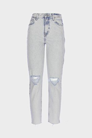 Sydney Asit Yıkamalı Yüksek Bel Dizi Yırtıklı Fermuarlı Slim Straight Jean Pantolon C 4529-033