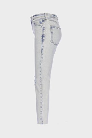 Sydney Asit Yıkamalı Yüksek Bel Dizi Yırtıklı Fermuarlı Slim Straight Jean Pantolon C 4529-033