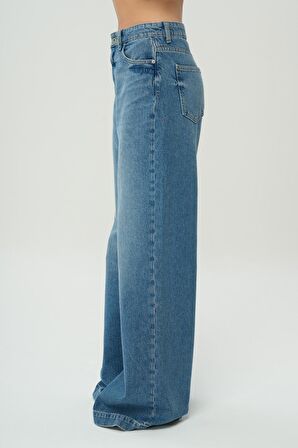 Orta Mavi Yüksek Bel Patı Fermuarlı Palazzo Jean Pantolon C 4809-005