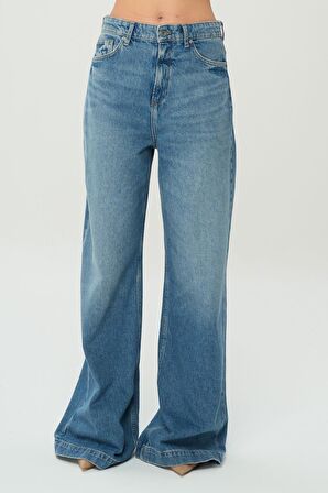 Orta Mavi Yüksek Bel Patı Fermuarlı Palazzo Jean Pantolon C 4809-005