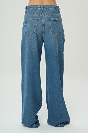 Orta Mavi Yüksek Bel Patı Fermuarlı Palazzo Jean Pantolon C 4809-005
