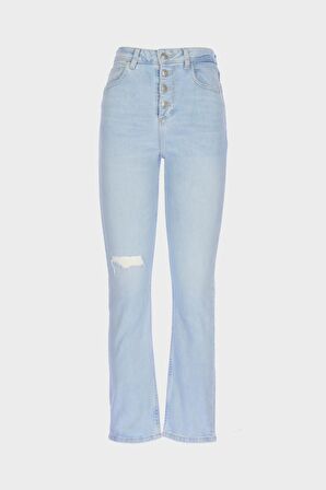 Buz Mavi Yüksek Bel Slim Fit Yıpratmalı Patı Düğmeli Jean Pantolon C 4521-190