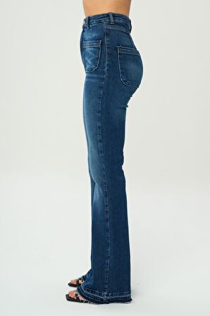 Ariana Koyu Mavi Yüksek Bel Paçası Kesikli Flare Jean Pantolon C 4528-030
