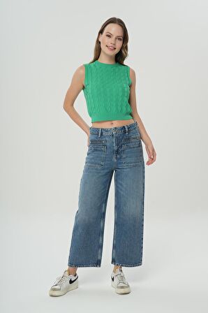 Weslie Orta Mavi Cep Detaylı Yüksek Bel Crop Wideleg Patı Fermuarlı Jean Pantolon C 4530-079