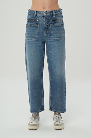 Weslie Orta Mavi Cep Detaylı Yüksek Bel Crop Wideleg Patı Fermuarlı Jean Pantolon C 4530-079