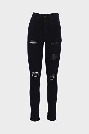 Judy Siyah Yüksek Bel Yıpratma Detaylı Patı Fermuarlı Skinny Fit Jean Pantolon C 4521-192