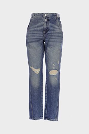 Ariana Koyu Mavi Tintli Yüksek Bel Patı Fermuarlı Kemeri Taşlı Jean Pantolon C 4525-133