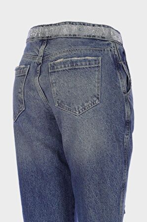 Ariana Koyu Mavi Tintli Yüksek Bel Patı Fermuarlı Kemeri Taşlı Jean Pantolon C 4525-133