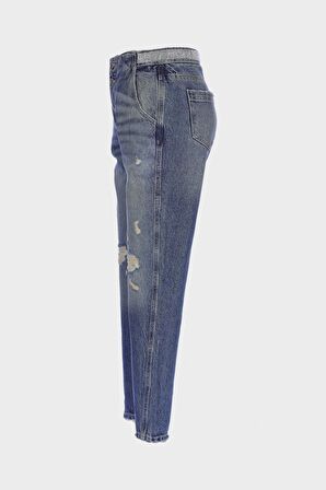 Ariana Koyu Mavi Tintli Yüksek Bel Patı Fermuarlı Kemeri Taşlı Jean Pantolon C 4525-133