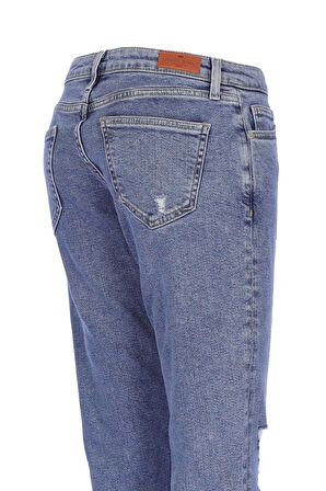 Gwen Açık Mavi Düşük Bel Patı Fermuarlı Yıpratmalı Jean Pantolon C 4667-026