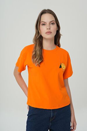 Turuncu Nakışlı Bisiklet Yaka Kısa Kollu T-shirt 56102-010