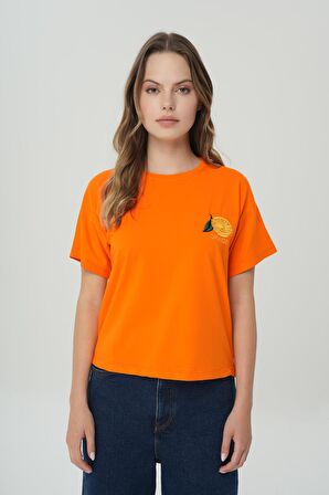 Turuncu Nakışlı Bisiklet Yaka Kısa Kollu T-shirt 56102-010