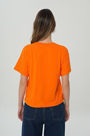 Turuncu Nakışlı Bisiklet Yaka Kısa Kollu T-shirt 56102-010