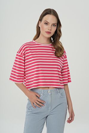 Pembe Beyaz Çizgili Oversize Kısa Kollu T-Shirt 56107-477