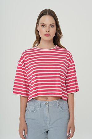 Pembe Beyaz Çizgili Oversize Kısa Kollu T-Shirt 56107-477