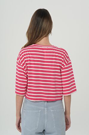 Pembe Beyaz Çizgili Oversize Kısa Kollu T-Shirt 56107-477