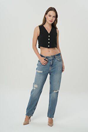 Ariana Açık Mavi Yıpratmalı Yüksek Bel Patı Fermuarlı Mom Jean Pantolon C 4525-140
