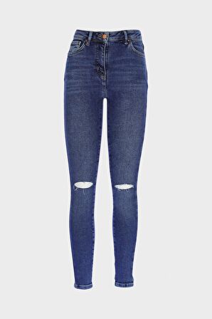 Judy Koyu Mavi Yüksek Bel Dizi Yırtıklı Skinny Jean Pantolon C 4521-195