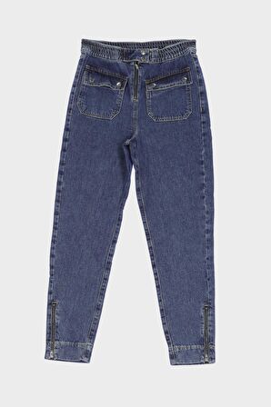 Koyu Mavi Beli Lastikli Üstten Cepli Paçası Fermuarlı Jean Pantolon C 4689-006