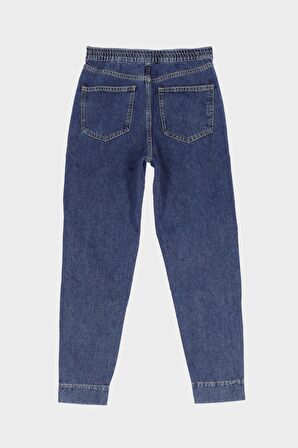 Koyu Mavi Beli Lastikli Üstten Cepli Paçası Fermuarlı Jean Pantolon C 4689-006