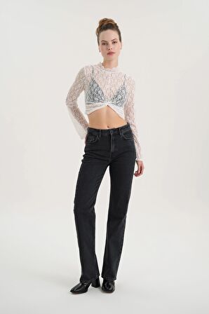 Antrasit Yüksek Bel Patı Fermuarlı Vintage Straight Fit Jean Pantolon C 4931-005