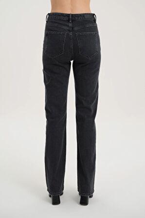 Antrasit Yüksek Bel Patı Fermuarlı Vintage Straight Fit Jean Pantolon C 4931-005