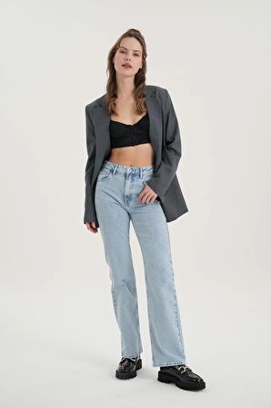 Buz Mavisi Yüksek Bel Patı Fermuarlı Vintage Straight Fit Jean Pantolon C 4931-006