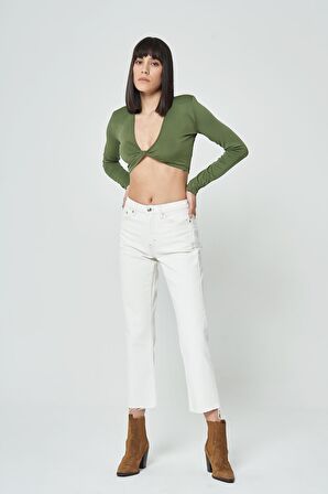 Eliza Cropped Ekru Paçası Kesik Yüksek Bel Straight Fit Fermuarlı Jean Pantolon C 4518-064