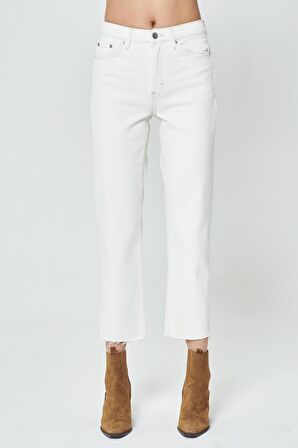 Eliza Cropped Ekru Paçası Kesik Yüksek Bel Straight Fit Fermuarlı Jean Pantolon C 4518-064