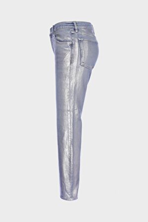 Sydney Gümüş Komple Varak Baskılı Yüksek Bel Patı Düğmeli Slim Straight Jean Pantolon C 4529-071