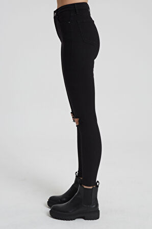 JUDY Siyah Yüksek Bel Dizi Kesikli Skinny Fit Jean Pantolon C 4521-012