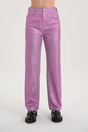 Diana Lila Varak Kaplama Parlak Yüksek Bel Patı Fermuarlı Dad Straight Fit Jean Pantolon C 4517-072