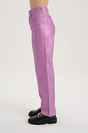 Diana Lila Varak Kaplama Parlak Yüksek Bel Patı Fermuarlı Dad Straight Fit Jean Pantolon C 4517-072