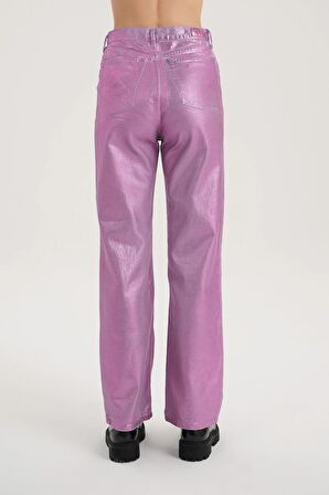 Diana Lila Varak Kaplama Parlak Yüksek Bel Patı Fermuarlı Dad Straight Fit Jean Pantolon C 4517-072