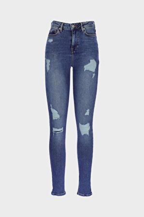 Judy Orta Mavi Yüksek Bel Yıpratmalı Fermuarlı Skinny Fit Jean Pantolon C 4521-226