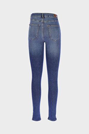 Judy Orta Mavi Yüksek Bel Yıpratmalı Fermuarlı Skinny Fit Jean Pantolon C 4521-226