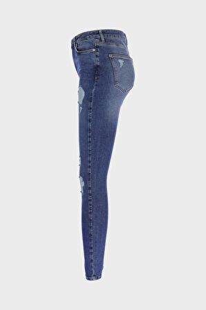 Judy Orta Mavi Yüksek Bel Yıpratmalı Fermuarlı Skinny Fit Jean Pantolon C 4521-226