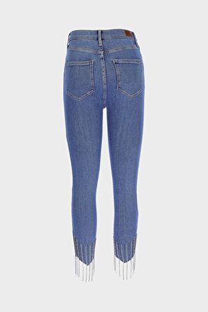 Judy Orta Mavi Yüksek Bel Patı Fermuarlı Taş Detaylı Jean Pantolon C 4521-227