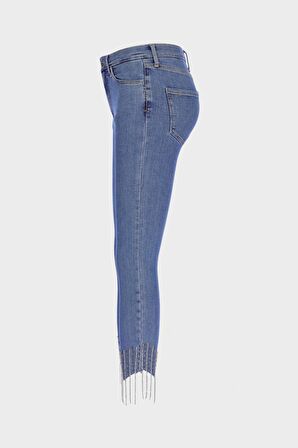 Judy Orta Mavi Yüksek Bel Patı Fermuarlı Taş Detaylı Jean Pantolon C 4521-227