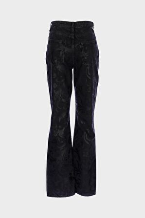 Aurora Antrasit Yüksek Bel Çiçek Desen Baskılı Yırtmaçlı Flare Jean Pantolon C 4528-052